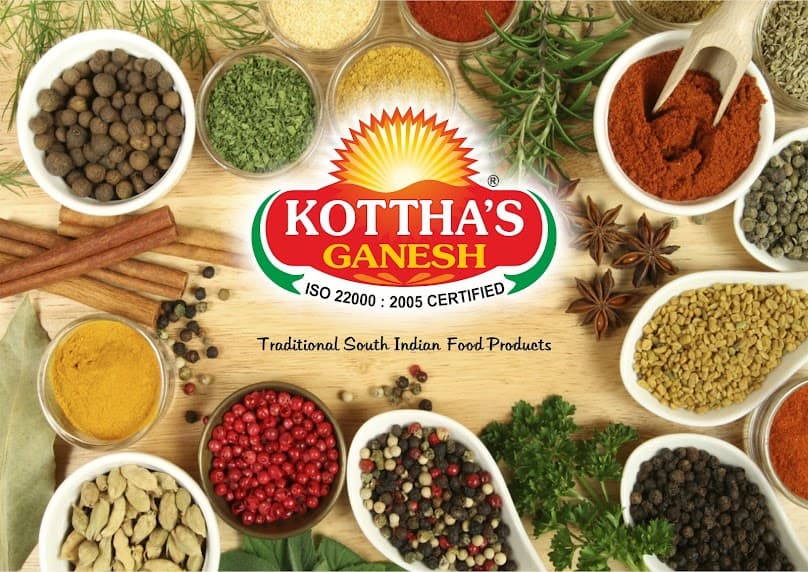 Kottha's Ganesh logo surrounded by bowls of whole spices and powders
